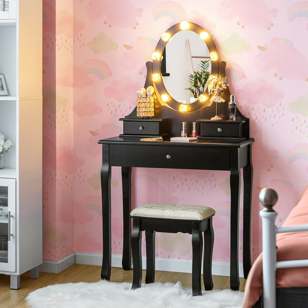 Lighted Mirror Vanity Table with 3 Drawers and Stool Set