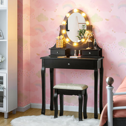 Lighted Mirror Vanity Table with 3 Drawers and Stool Set