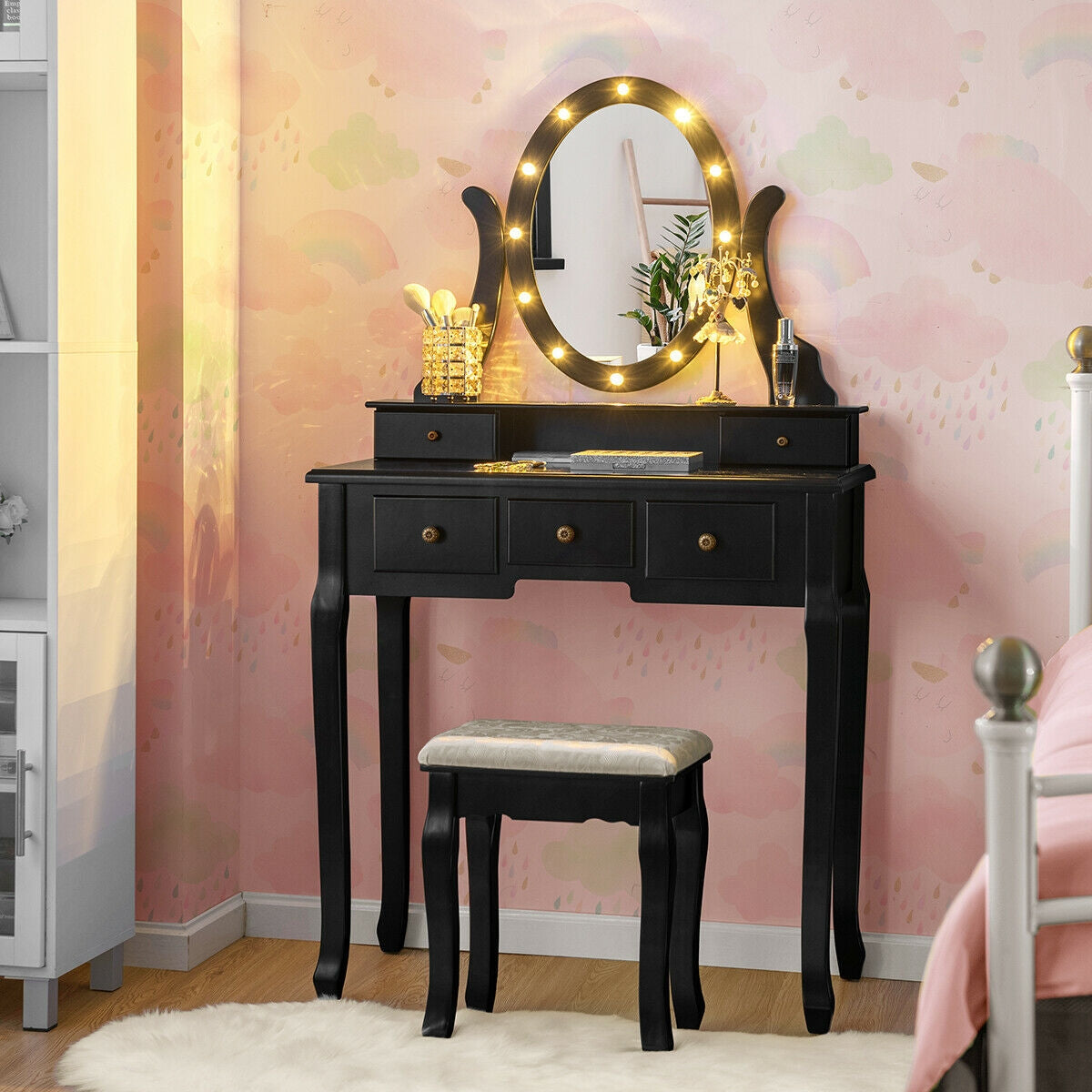 5-Drawer Vanity Table Set with LED Lighted Mirror & Stool