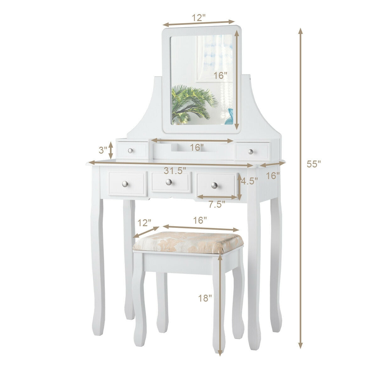 Makeup Vanity Set with 5 Drawers and Padded Stool