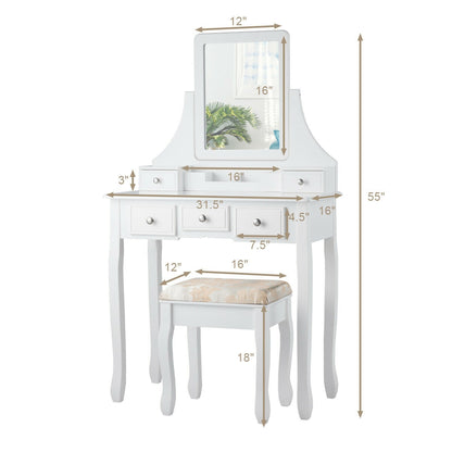 Makeup Vanity Set with 5 Drawers and Padded Stool
