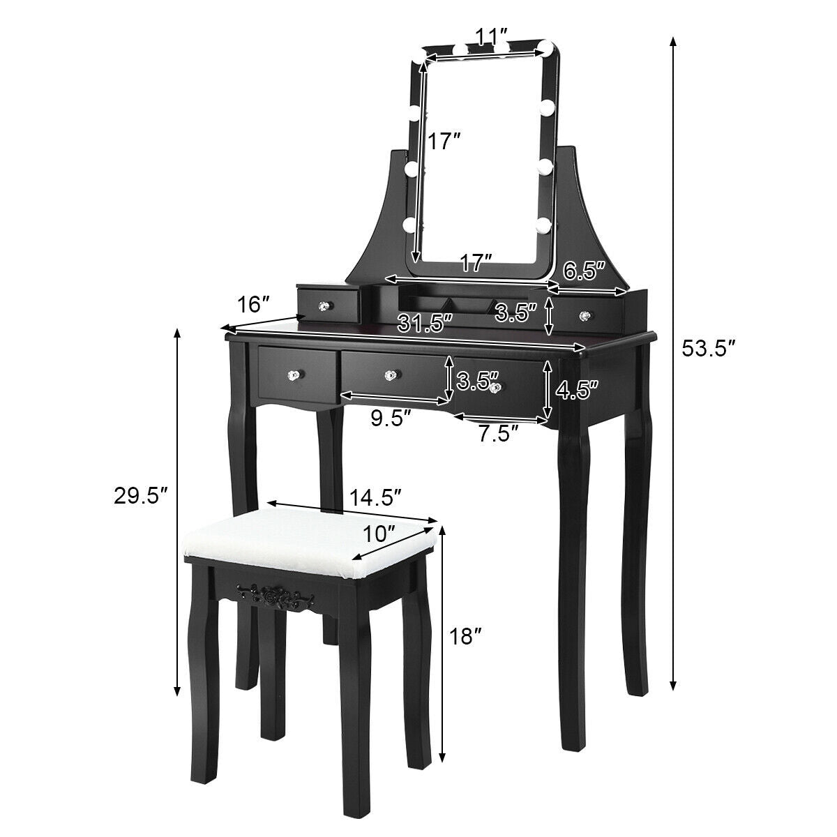 Vanity Table with 10 Dimmable Lights and Cushioned Stool