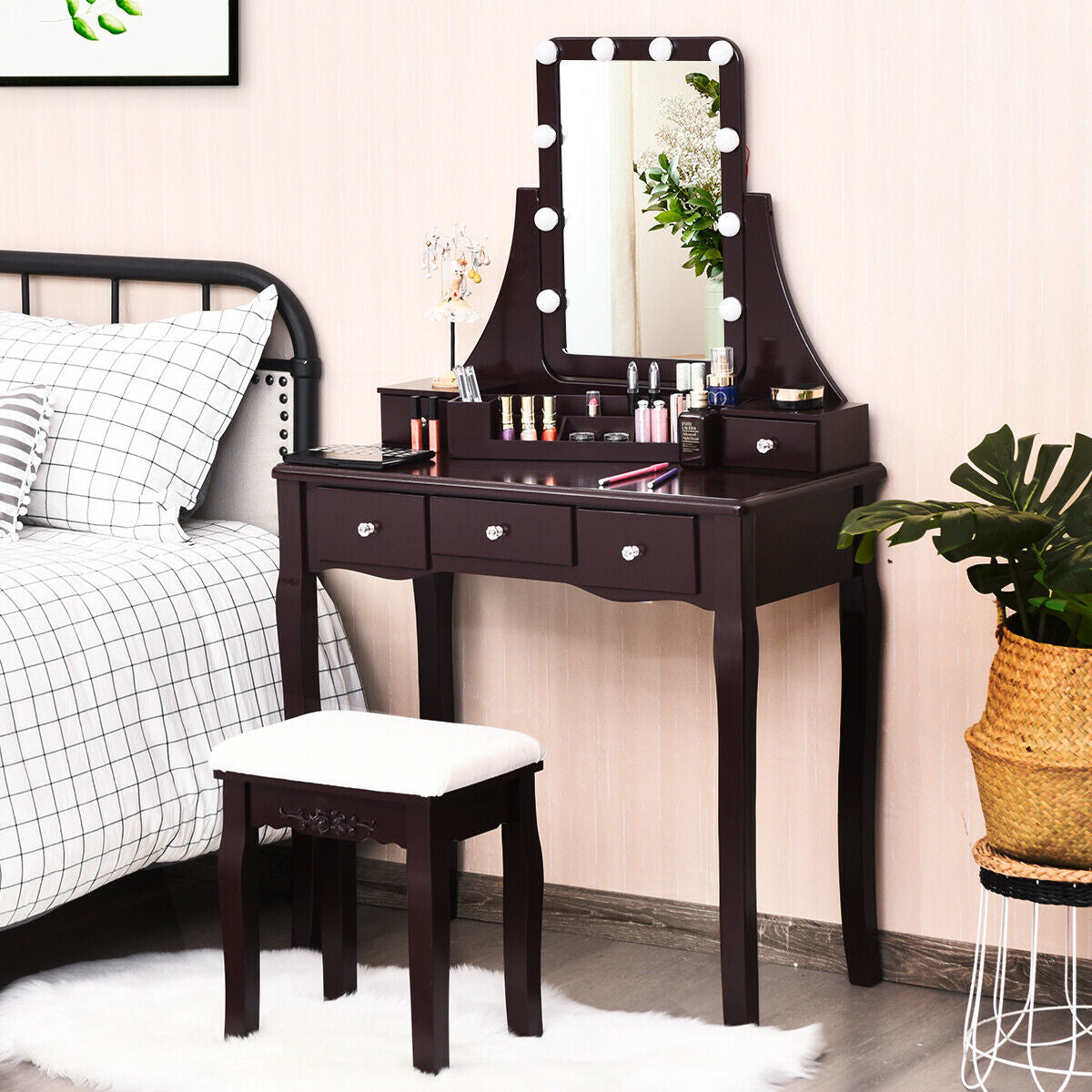 Vanity Table with 10 Dimmable Lights and Cushioned Stool