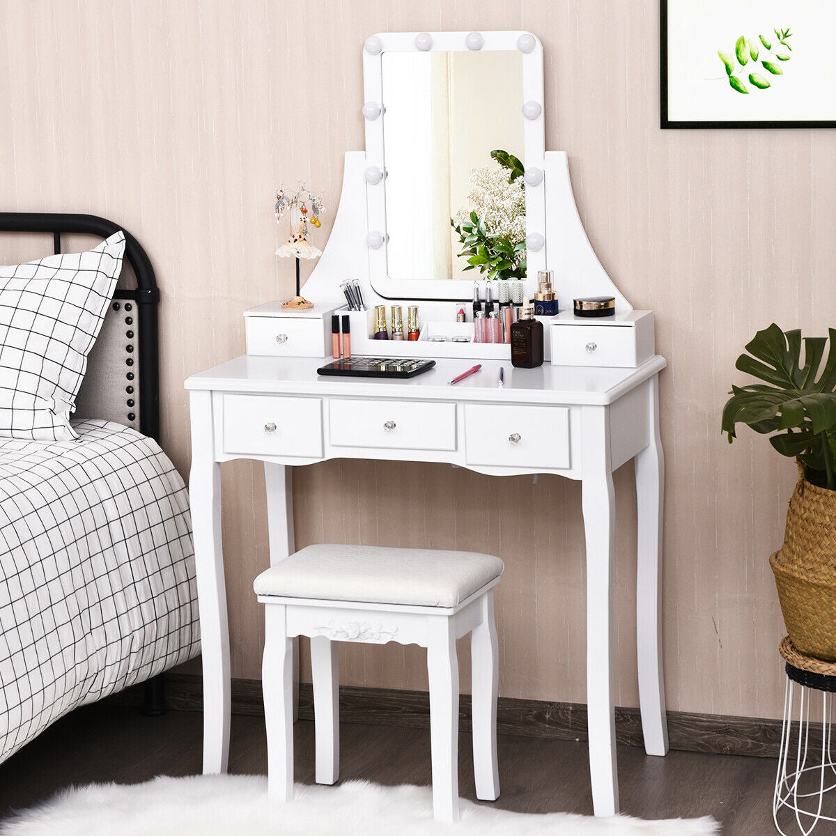 Vanity Table with 10 Dimmable Lights and Cushioned Stool