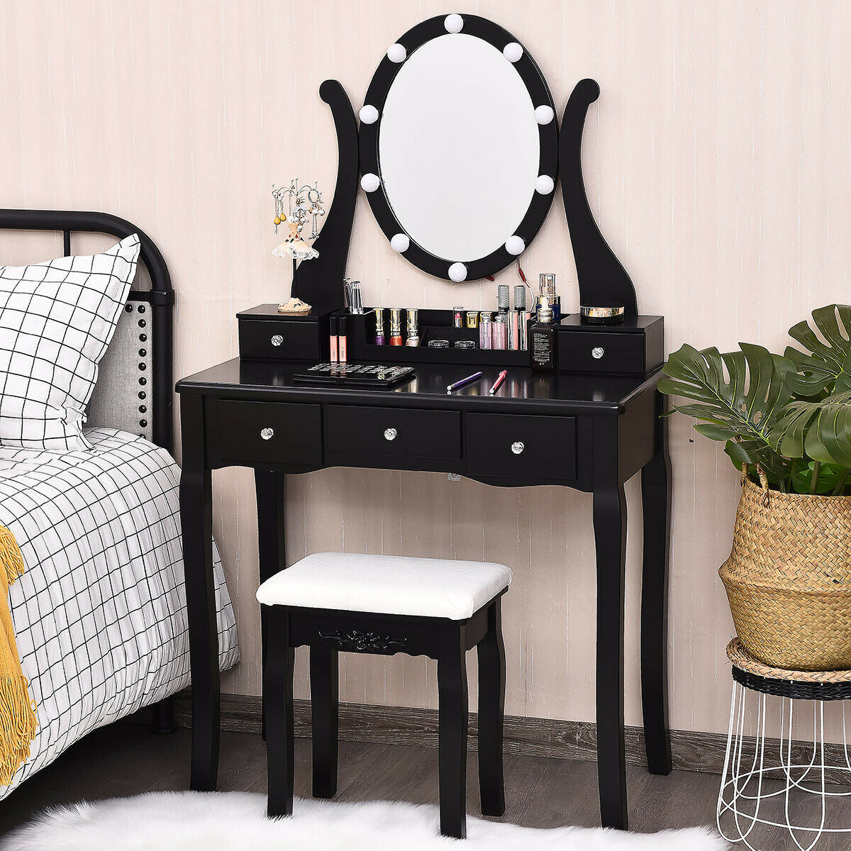 Vanity Table Set with Lighted Mirror and Cushioned Stool