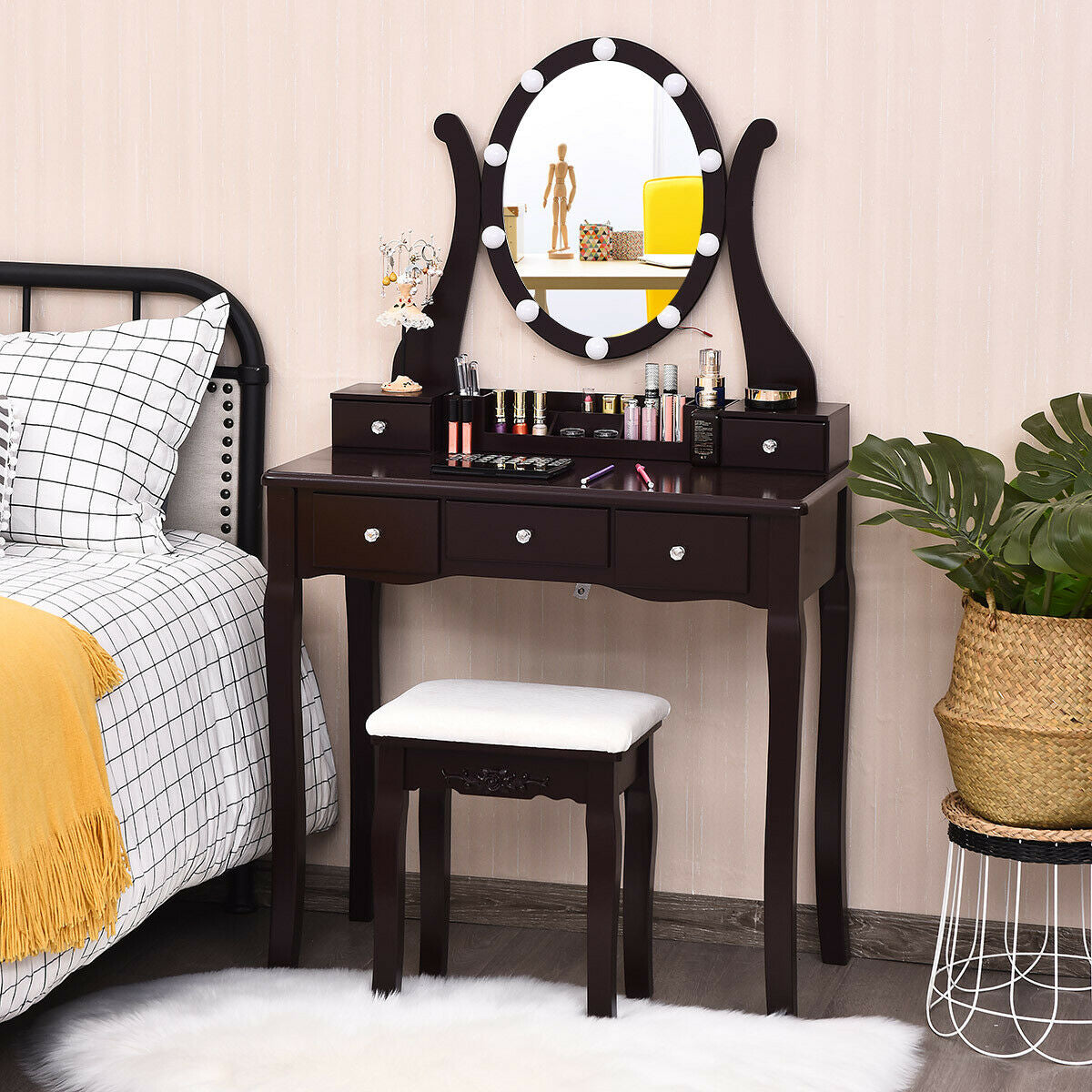 Vanity Table Set with Lighted Mirror and Cushioned Stool