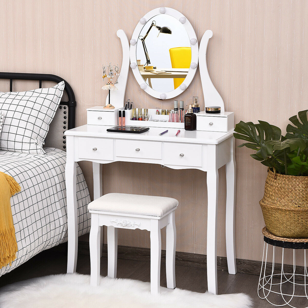 Vanity Table Set with Lighted Mirror and Cushioned Stool