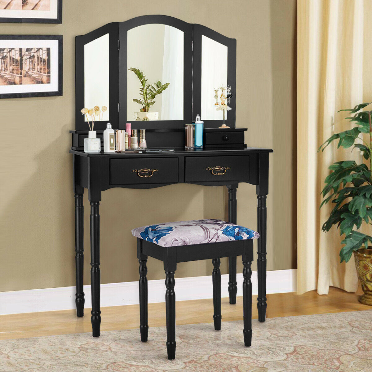 Vanity Set with Tri-Fold Mirror, 4 Drawers & Cushioned Stool