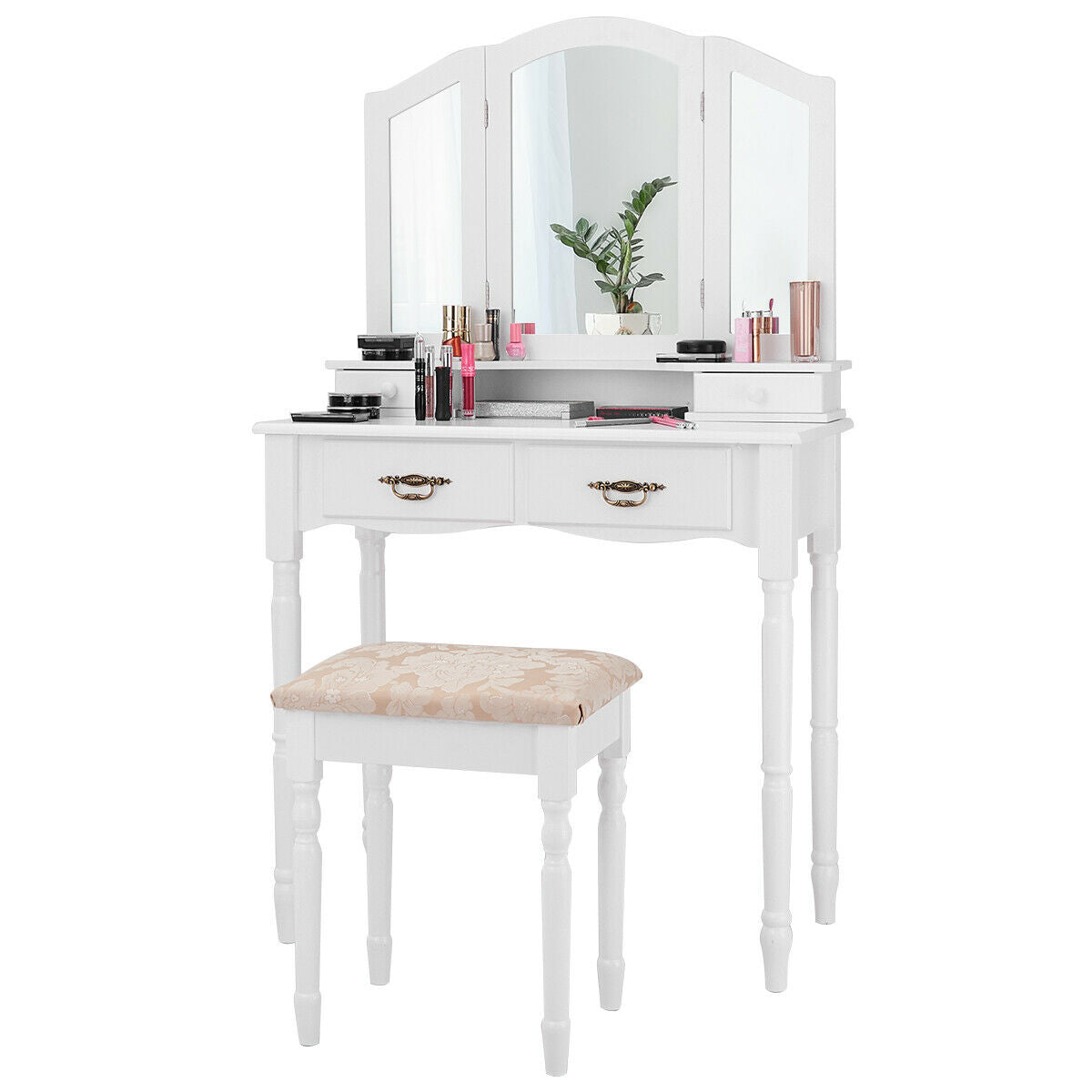 Vanity Set with Tri-Fold Mirror, 4 Drawers & Cushioned Stool