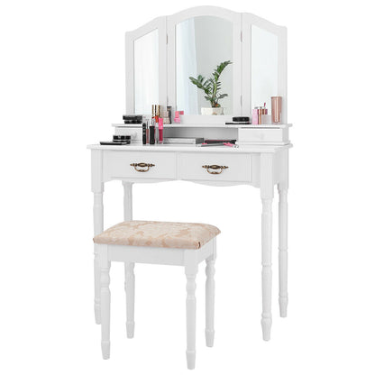 Vanity Set with Tri-Fold Mirror, 4 Drawers & Cushioned Stool