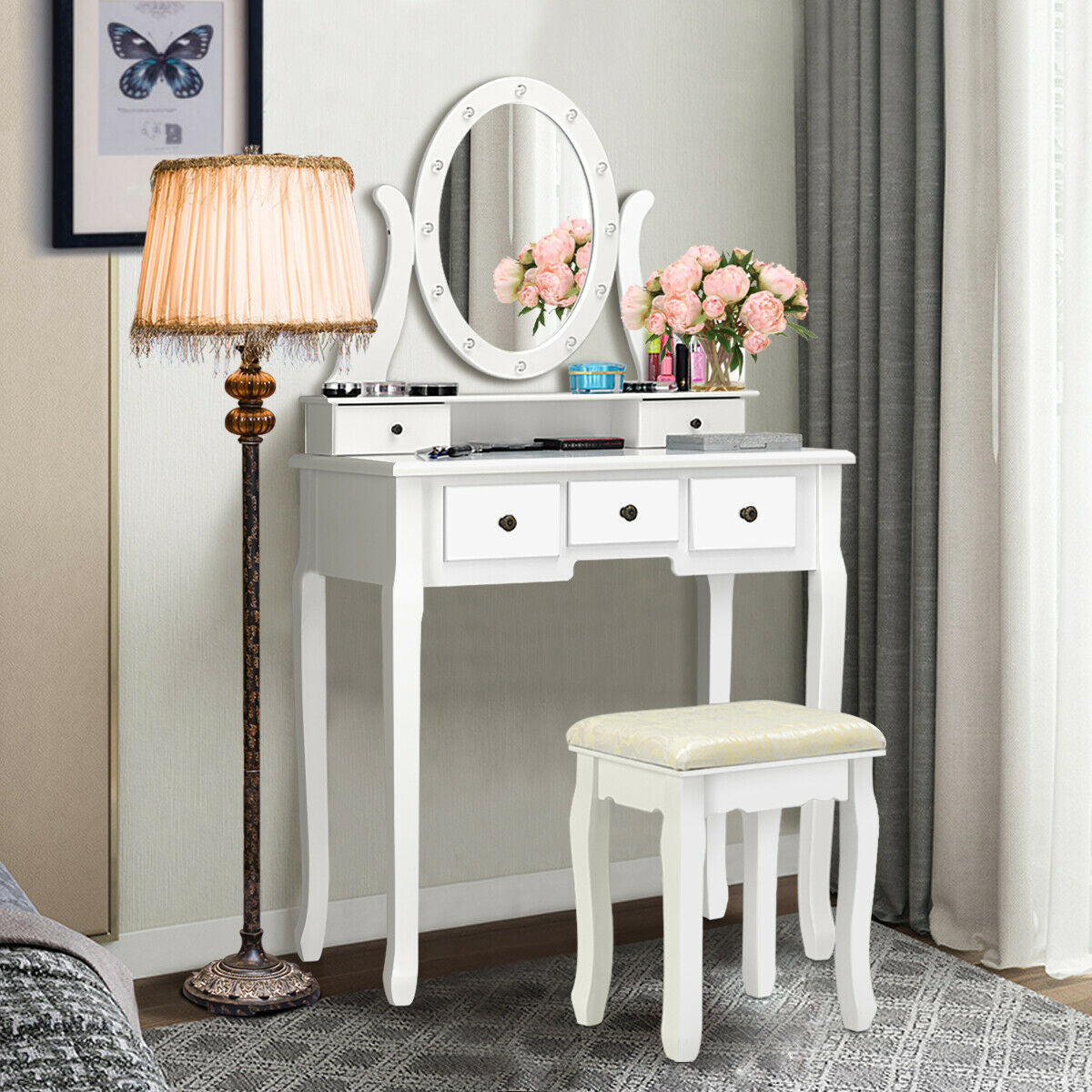 5-Drawer Vanity Table Set with LED Lighted Mirror & Stool