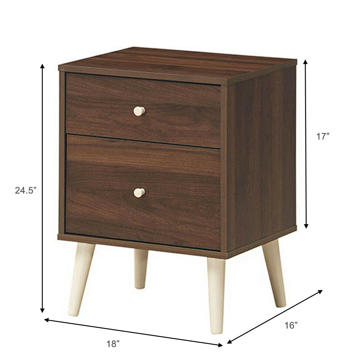 2-Drawer Nightstand Beside End Side Table with Rubber Legs