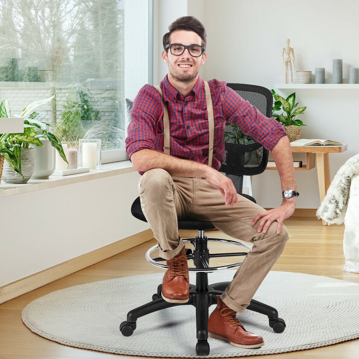 Mid Back Mesh Drafting Chair with Adjustable Height