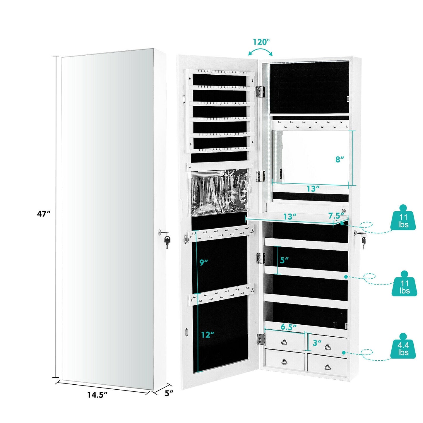Wall-Mounted Jewelry Cabinet with Full-Length Mirror & LED Lights