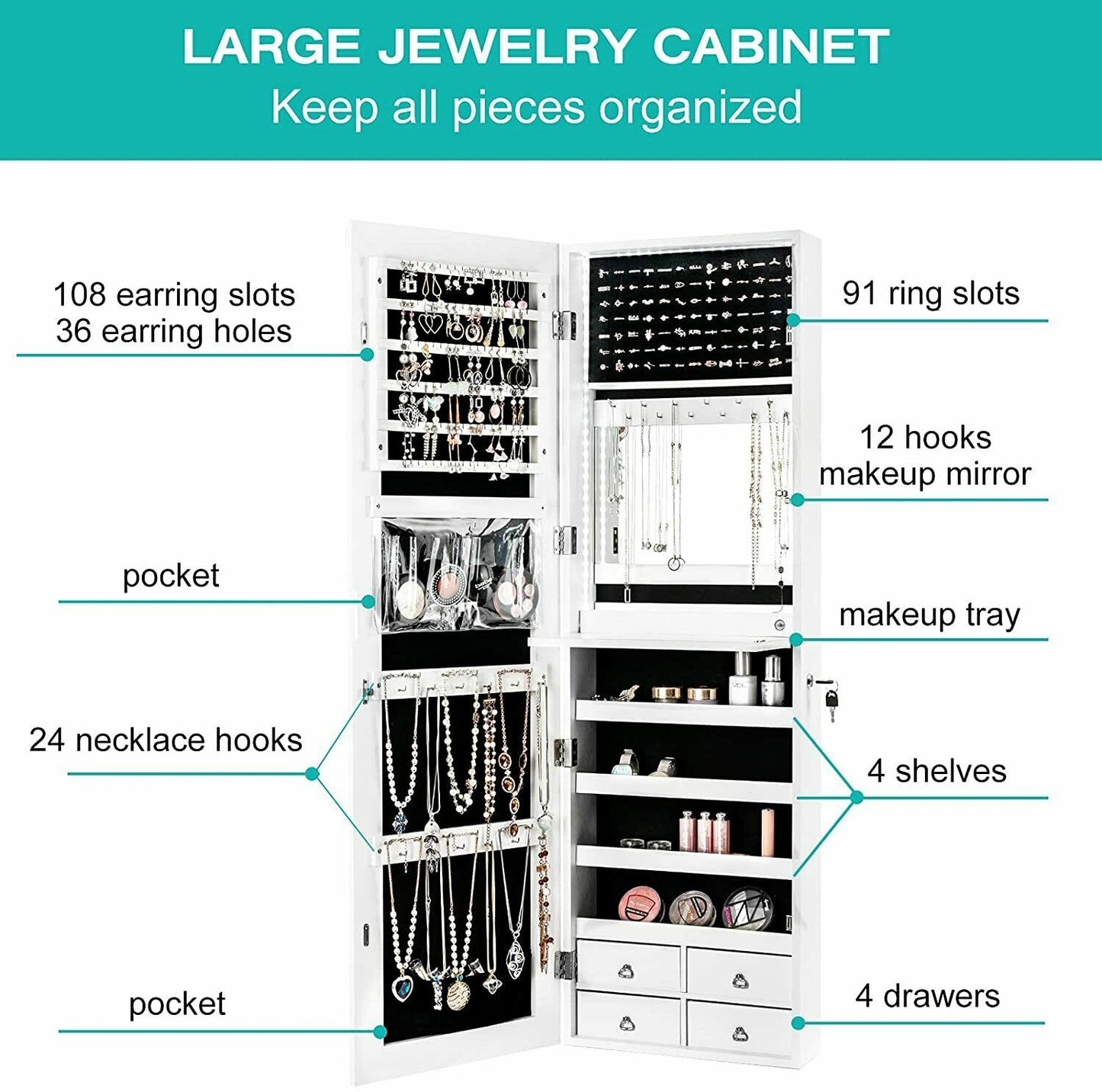 Wall-Mounted Jewelry Cabinet with Full-Length Mirror & LED Lights