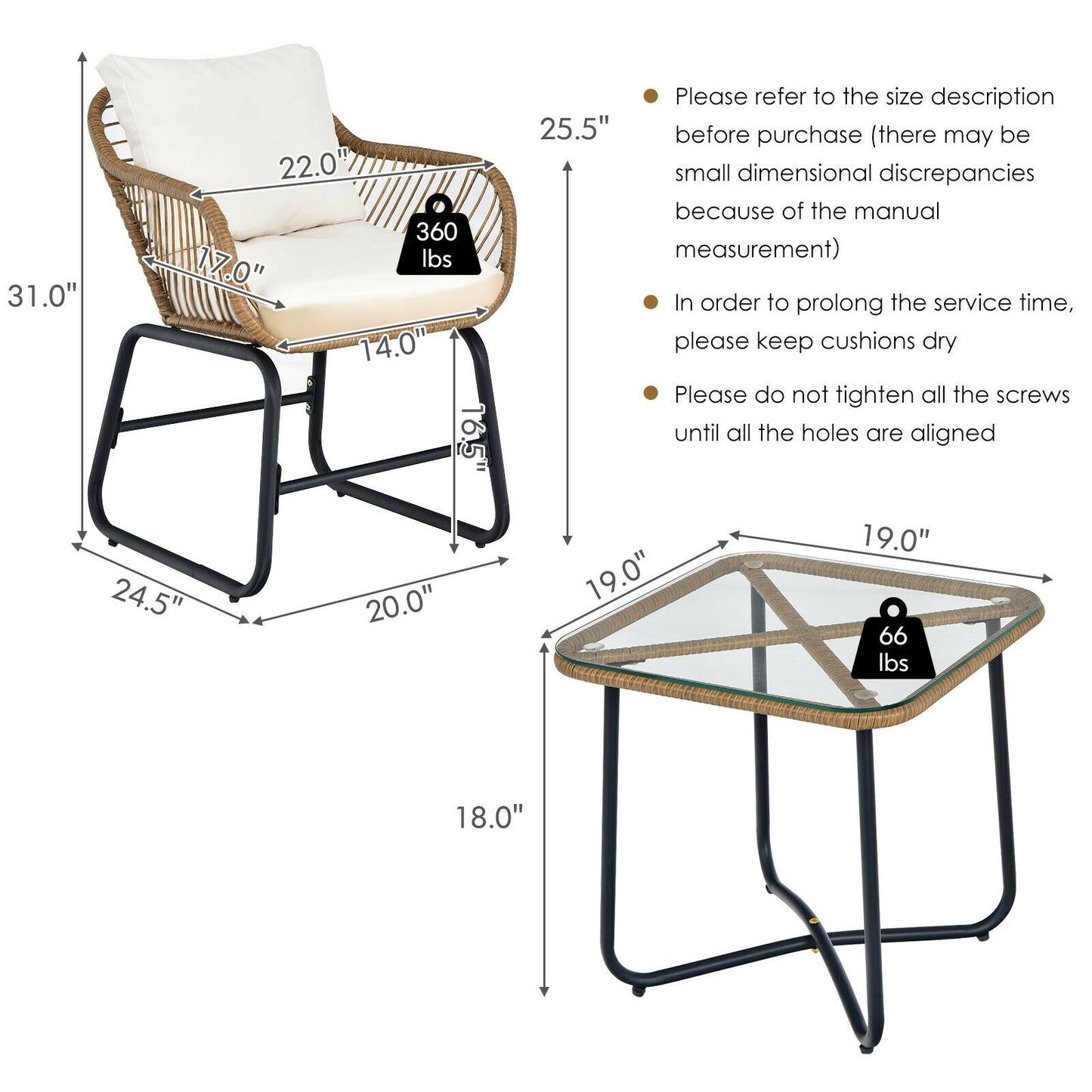 3-Piece Patio Bistro Set with Rattan Chairs & Glass Table