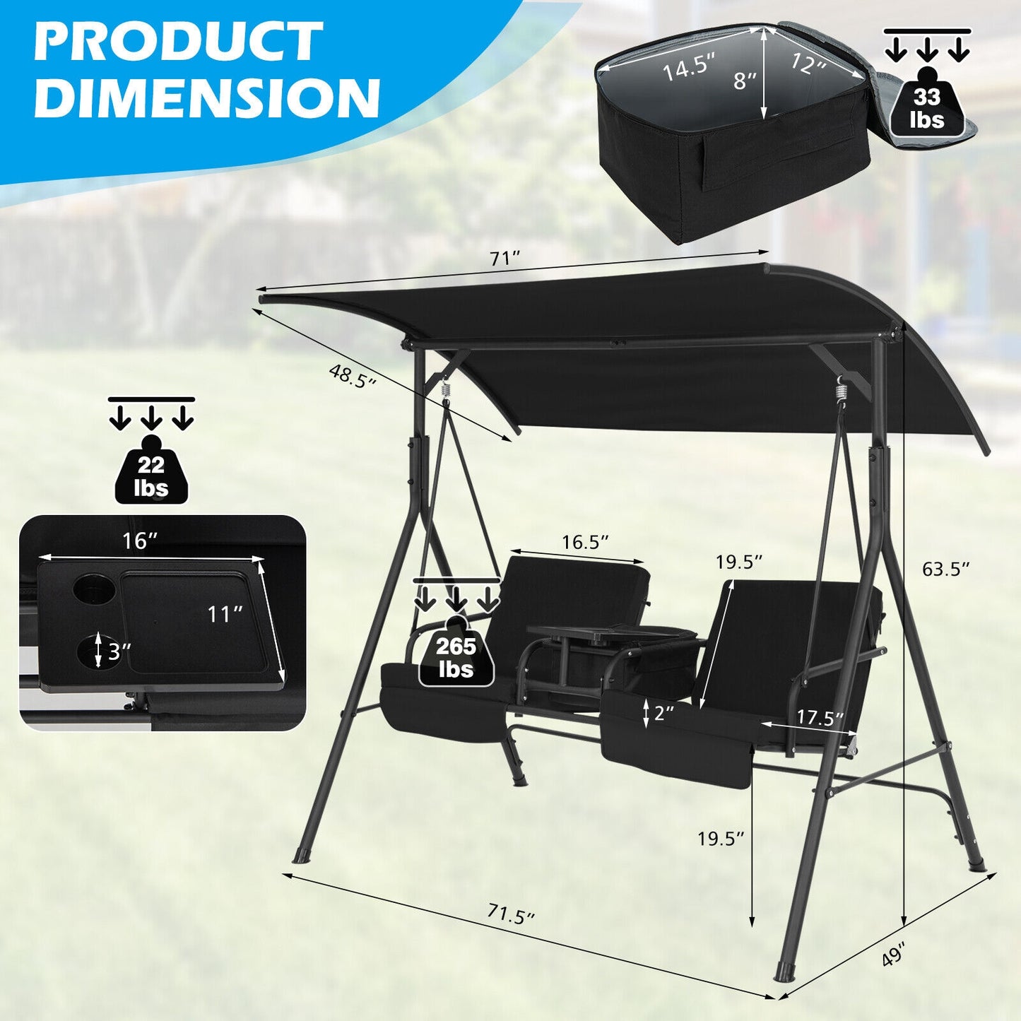 2-Seat Porch Swing with Adjustable Canopy and Cup Holders