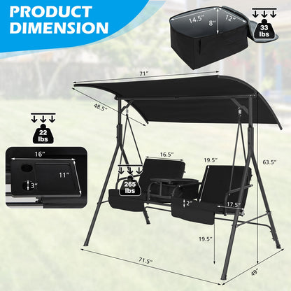 2-Seat Porch Swing with Adjustable Canopy and Cup Holders