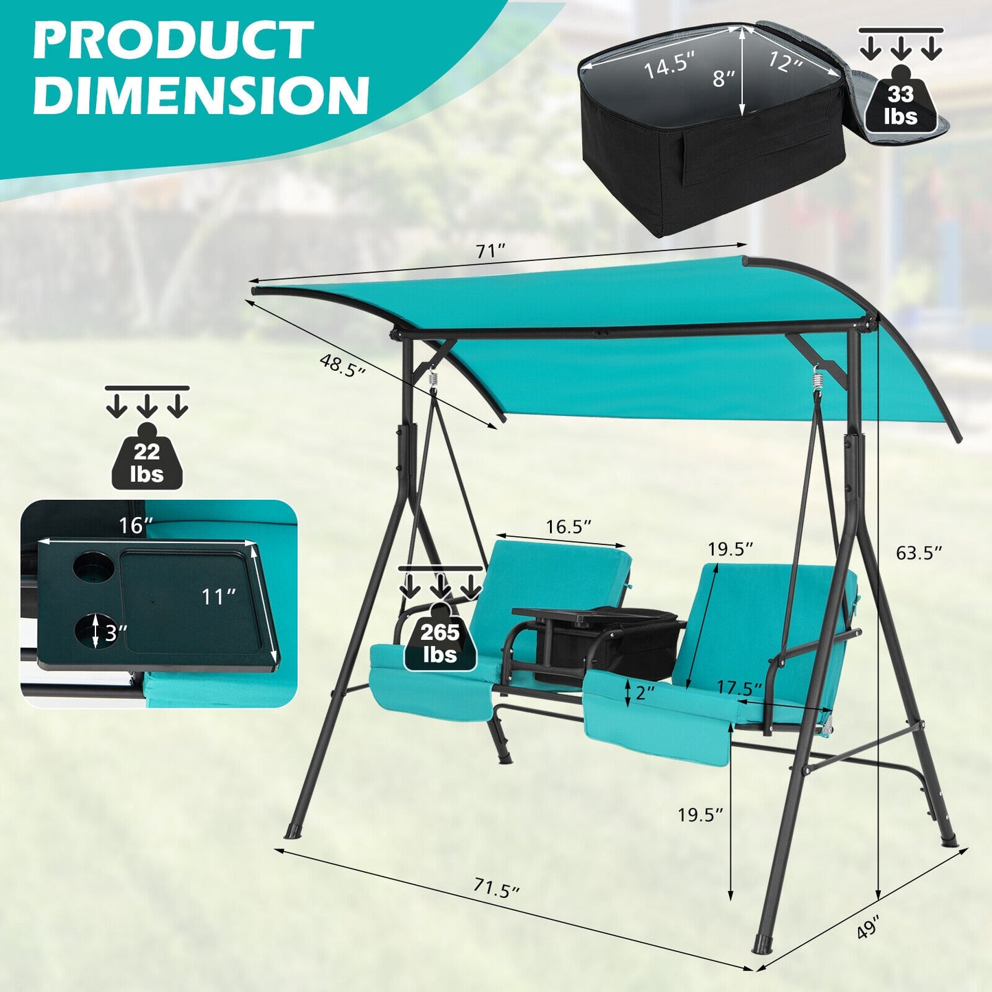 2-Seat Porch Swing with Adjustable Canopy and Cup Holders
