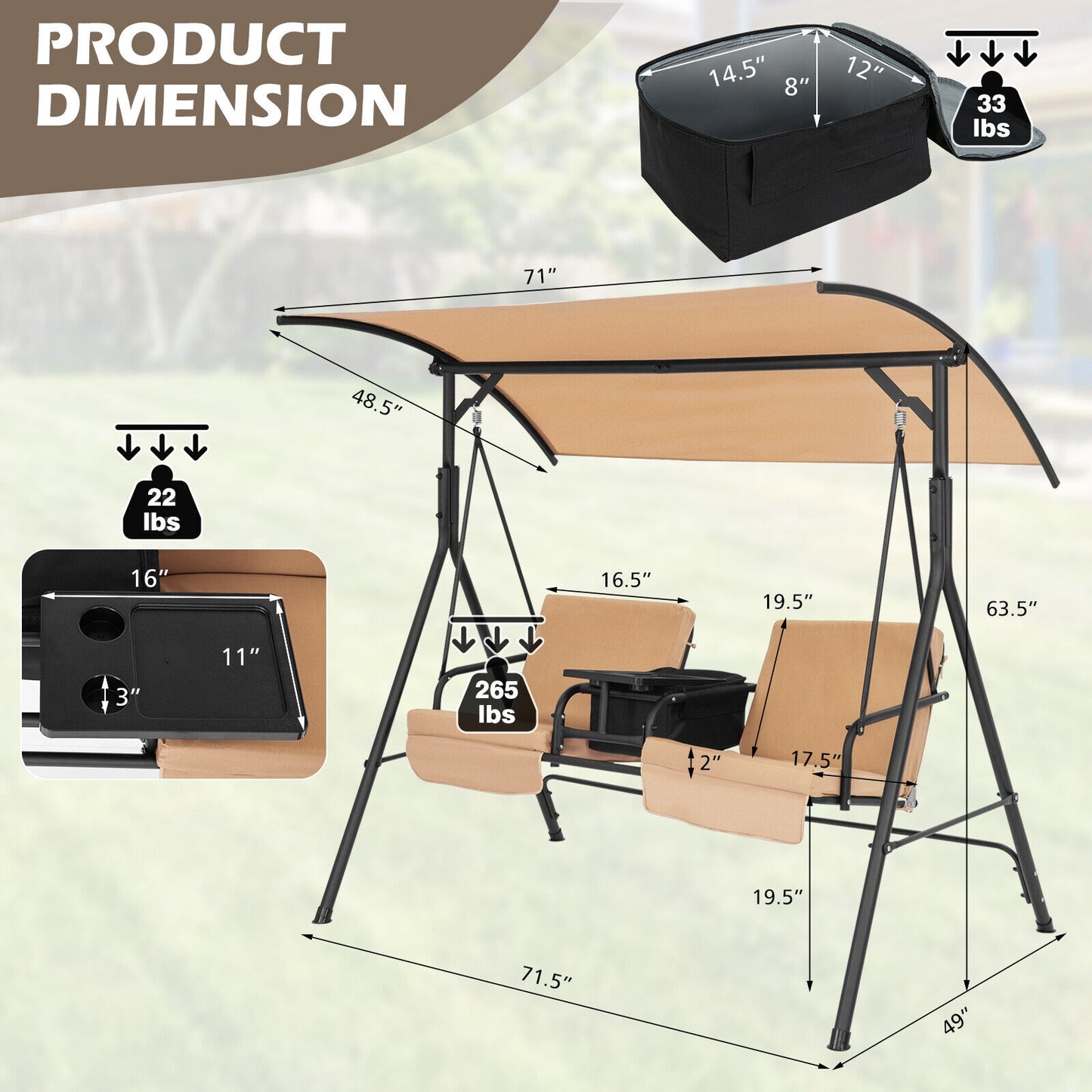 2-Seat Porch Swing with Adjustable Canopy and Cup Holders