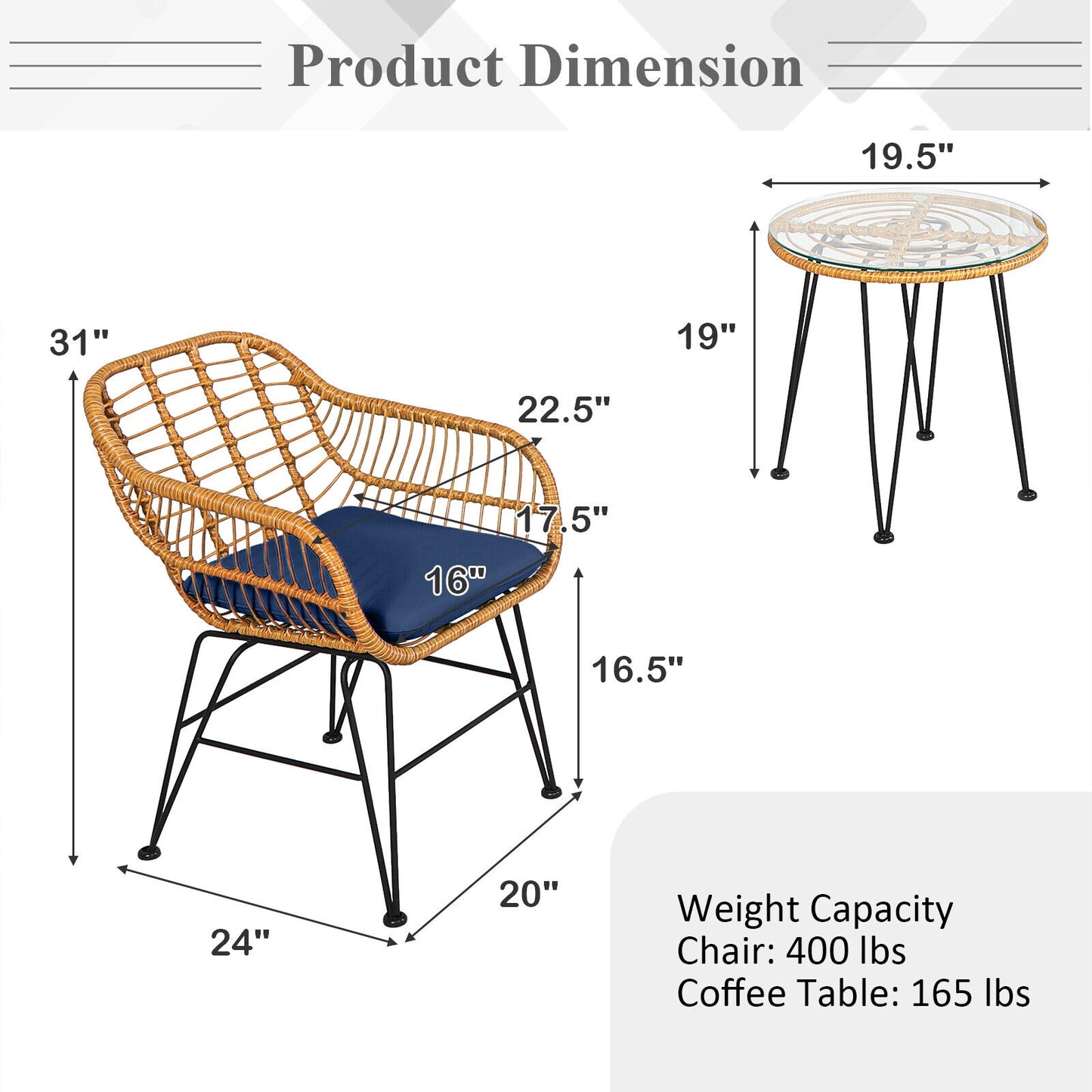 3-Piece Rattan Patio Conversation Set with Cushioned Chairs