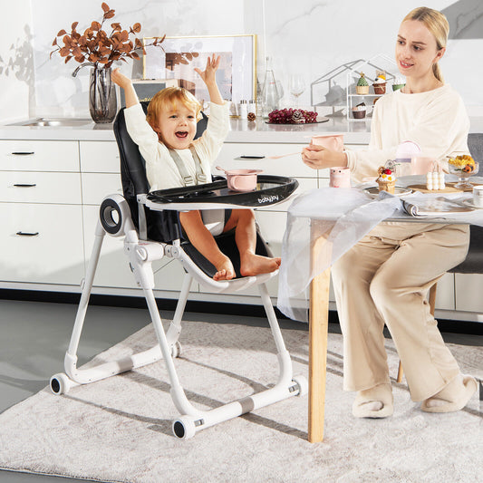 Foldable Baby High Chair with Lockable Wheels - Adjustable