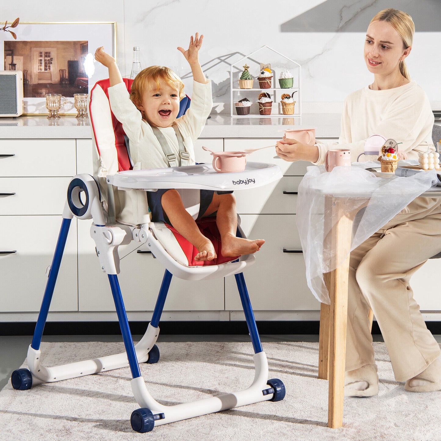 Foldable Baby High Chair with Lockable Wheels - Adjustable