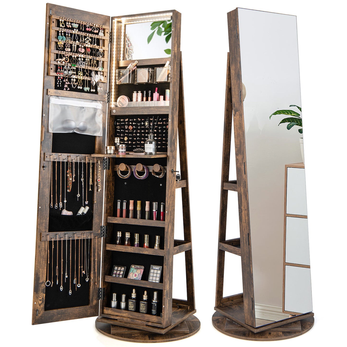Rotating Mirrored Jewelry Armoire with LED Lighting
