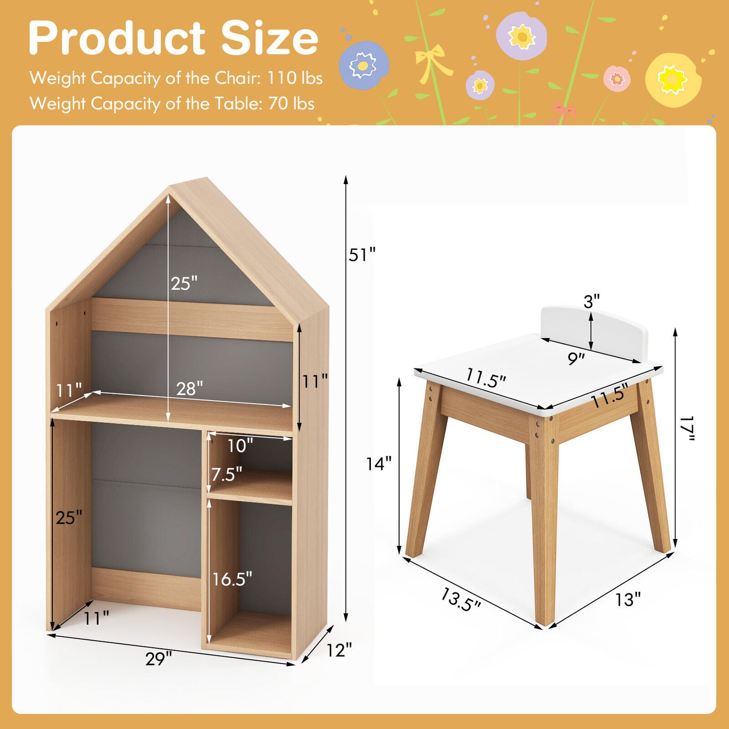 Kids House-Shaped Table and Chair Set with Blackboard