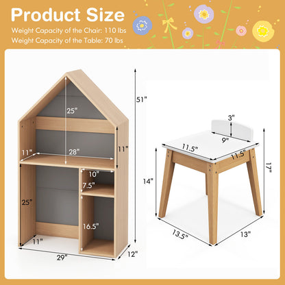 Kids House-Shaped Table and Chair Set with Blackboard