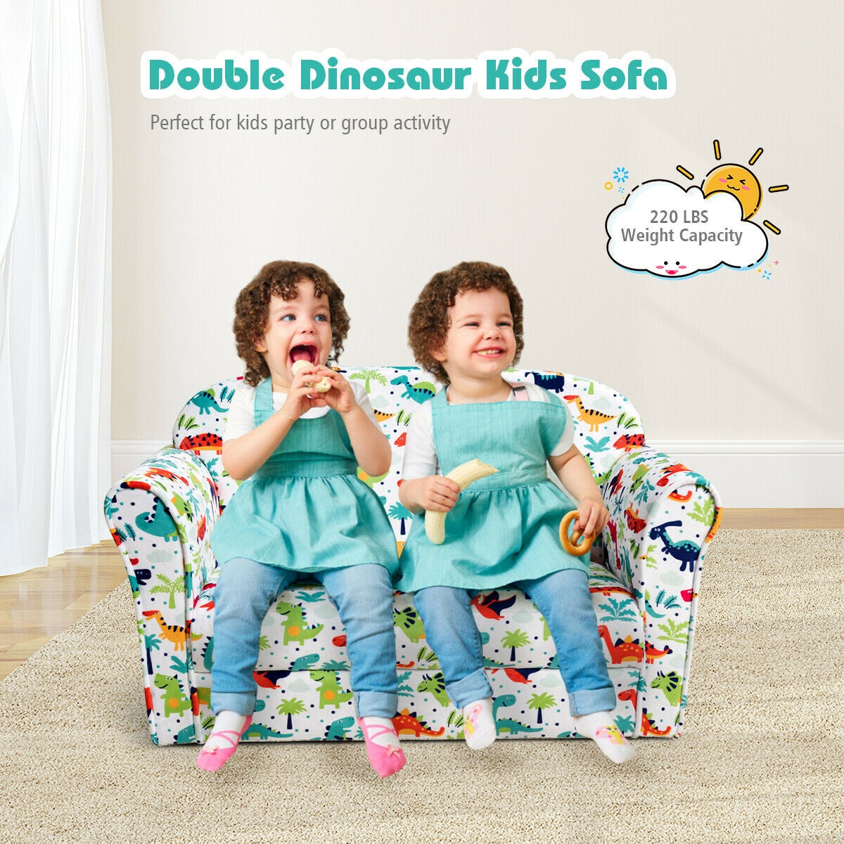 Kids Dinosaur Sofa Double Seat with Armrests