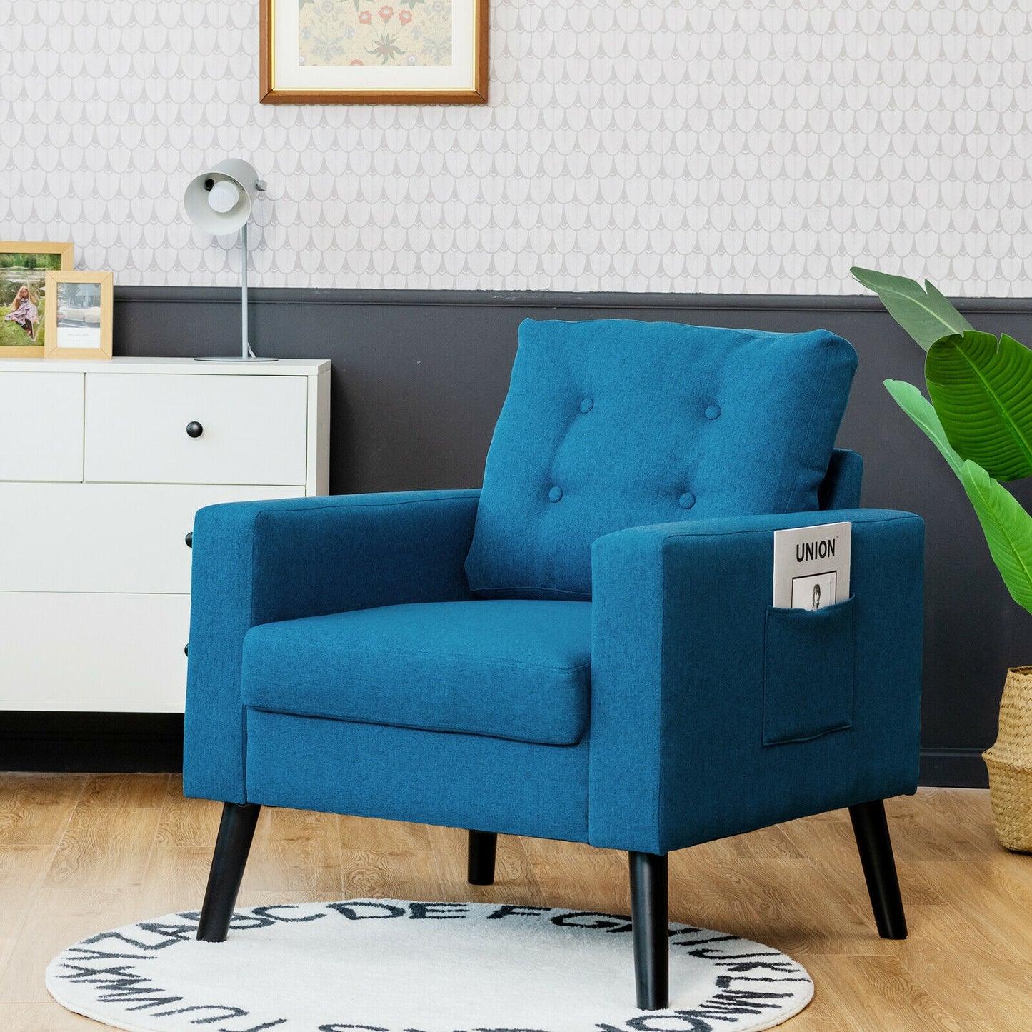 Mid-Century Upholstered Armchair with Rubber Wood Legs