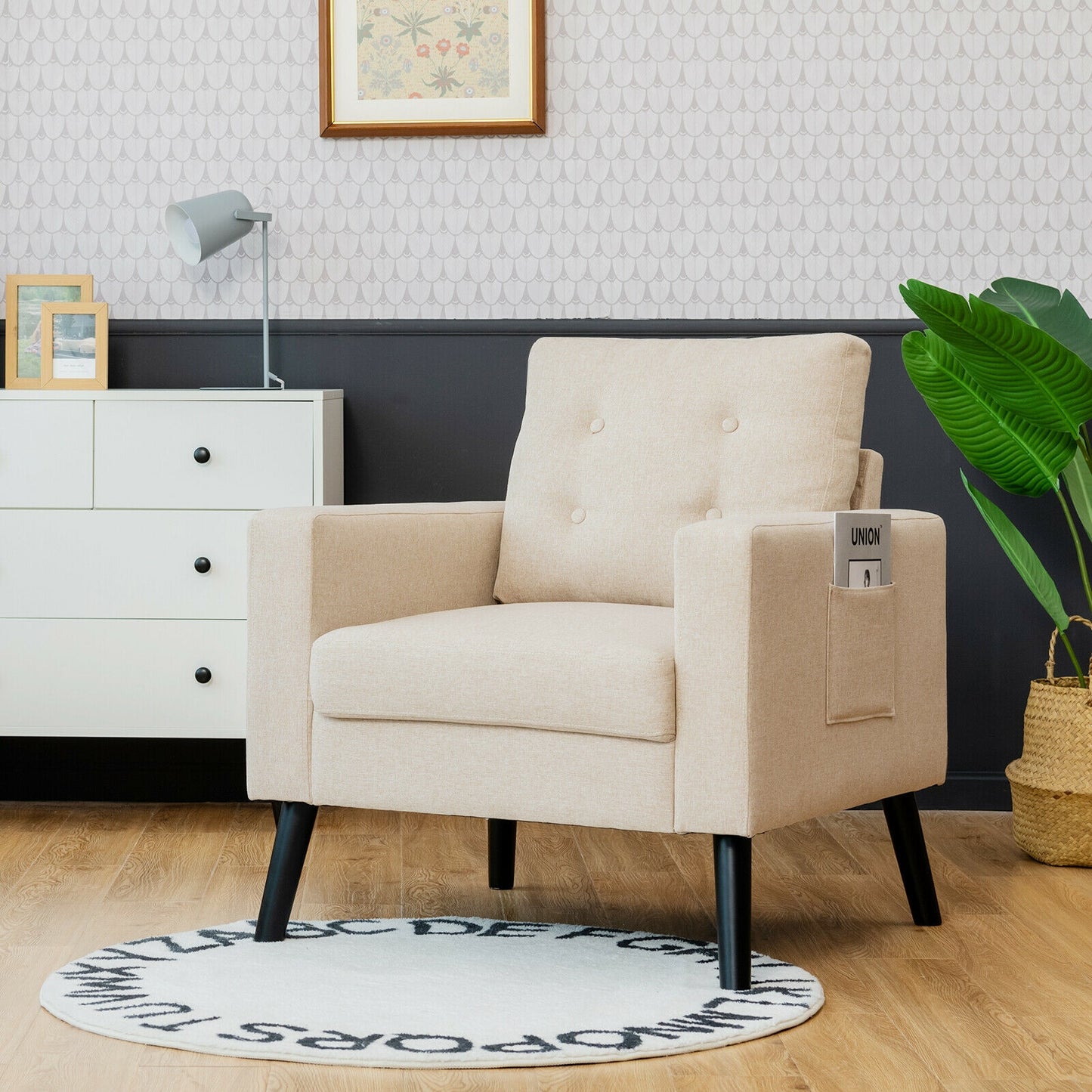 Mid-Century Upholstered Armchair with Rubber Wood Legs