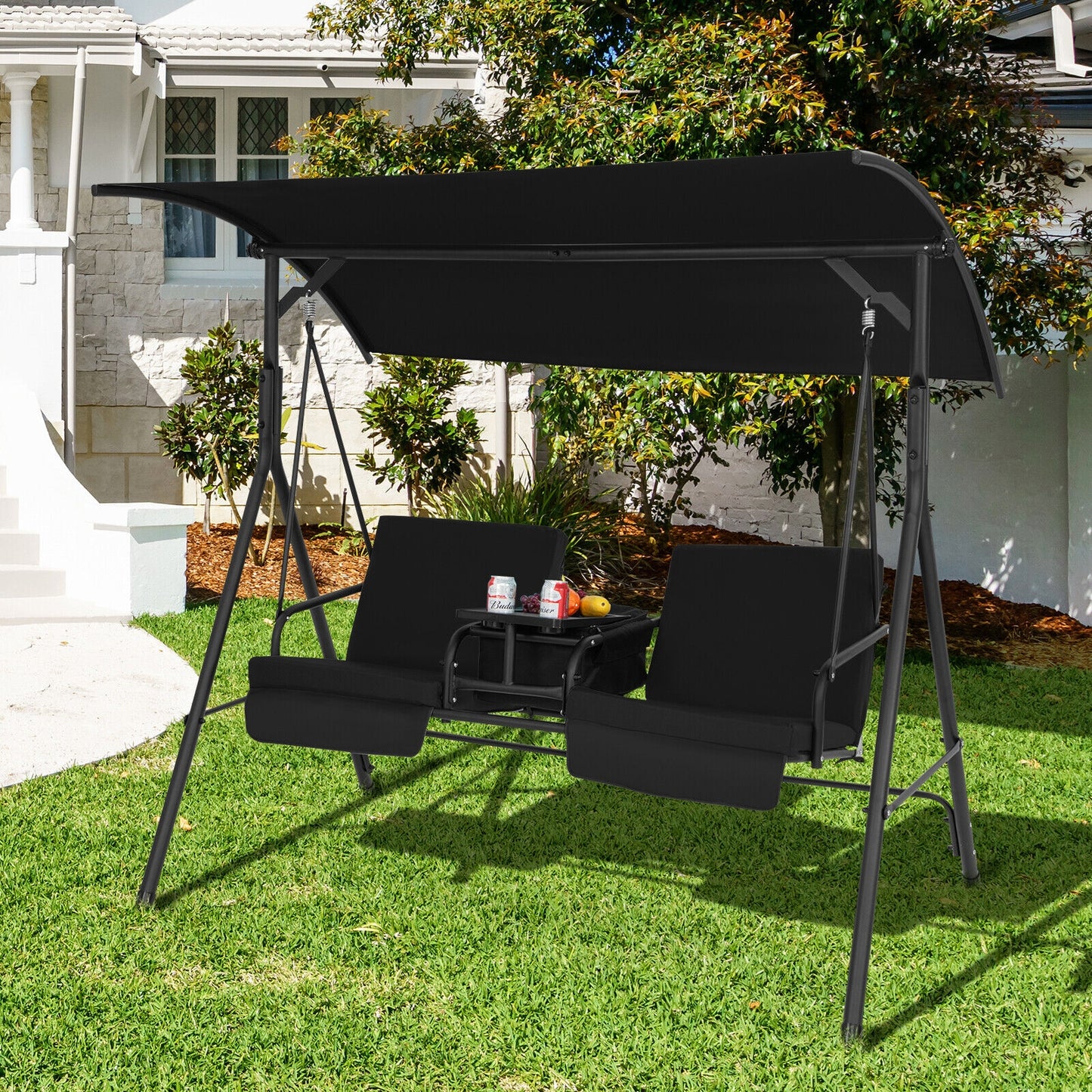 2-Seat Porch Swing with Adjustable Canopy and Cup Holders