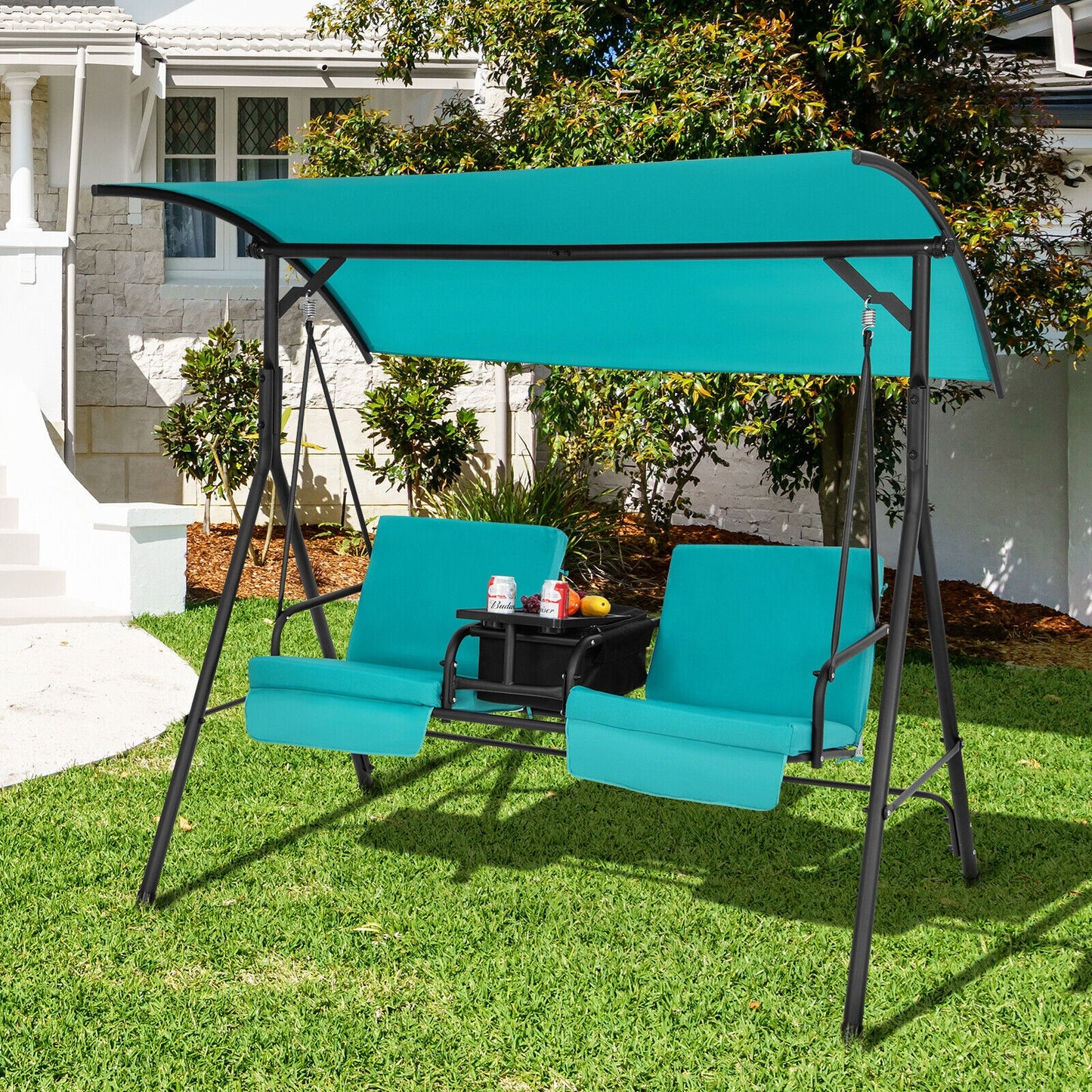 2-Seat Porch Swing with Adjustable Canopy and Cup Holders