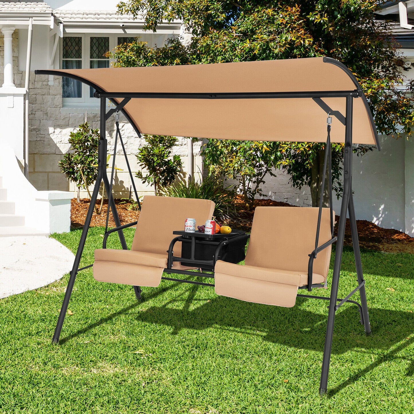 2-Seat Porch Swing with Adjustable Canopy and Cup Holders