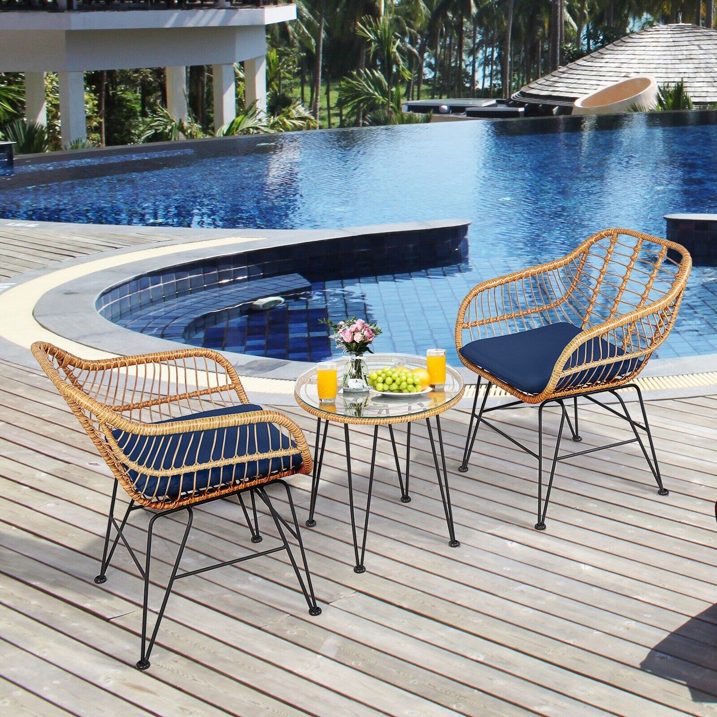3-Piece Rattan Patio Conversation Set with Cushioned Chairs