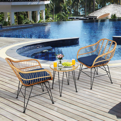 3-Piece Rattan Patio Conversation Set with Cushioned Chairs