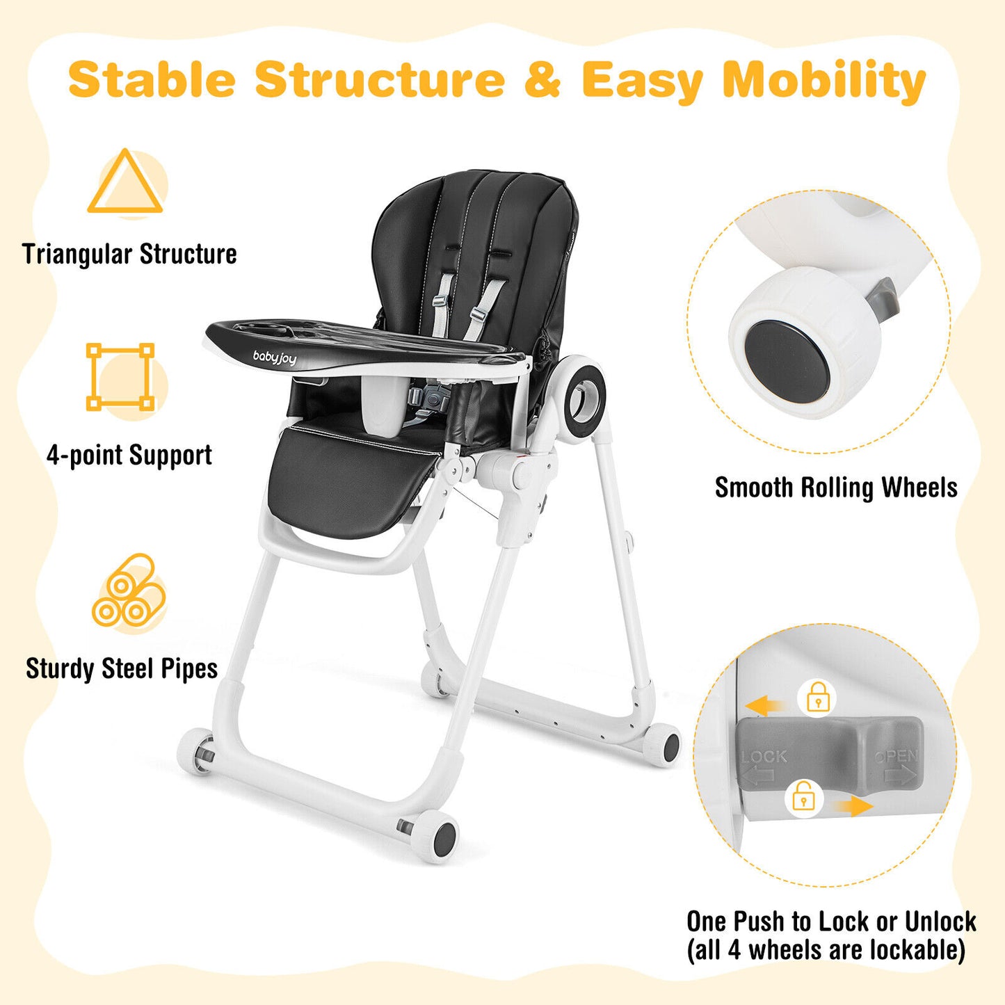 Foldable Baby High Chair with Lockable Wheels - Adjustable