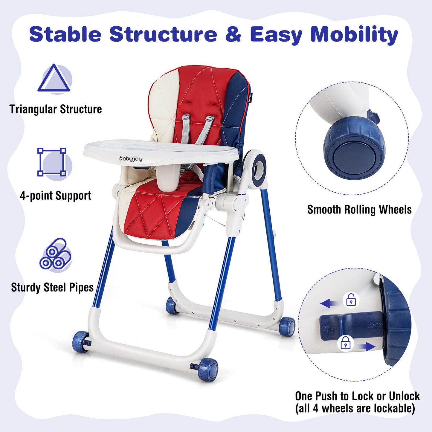 Foldable Baby High Chair with Lockable Wheels - Adjustable