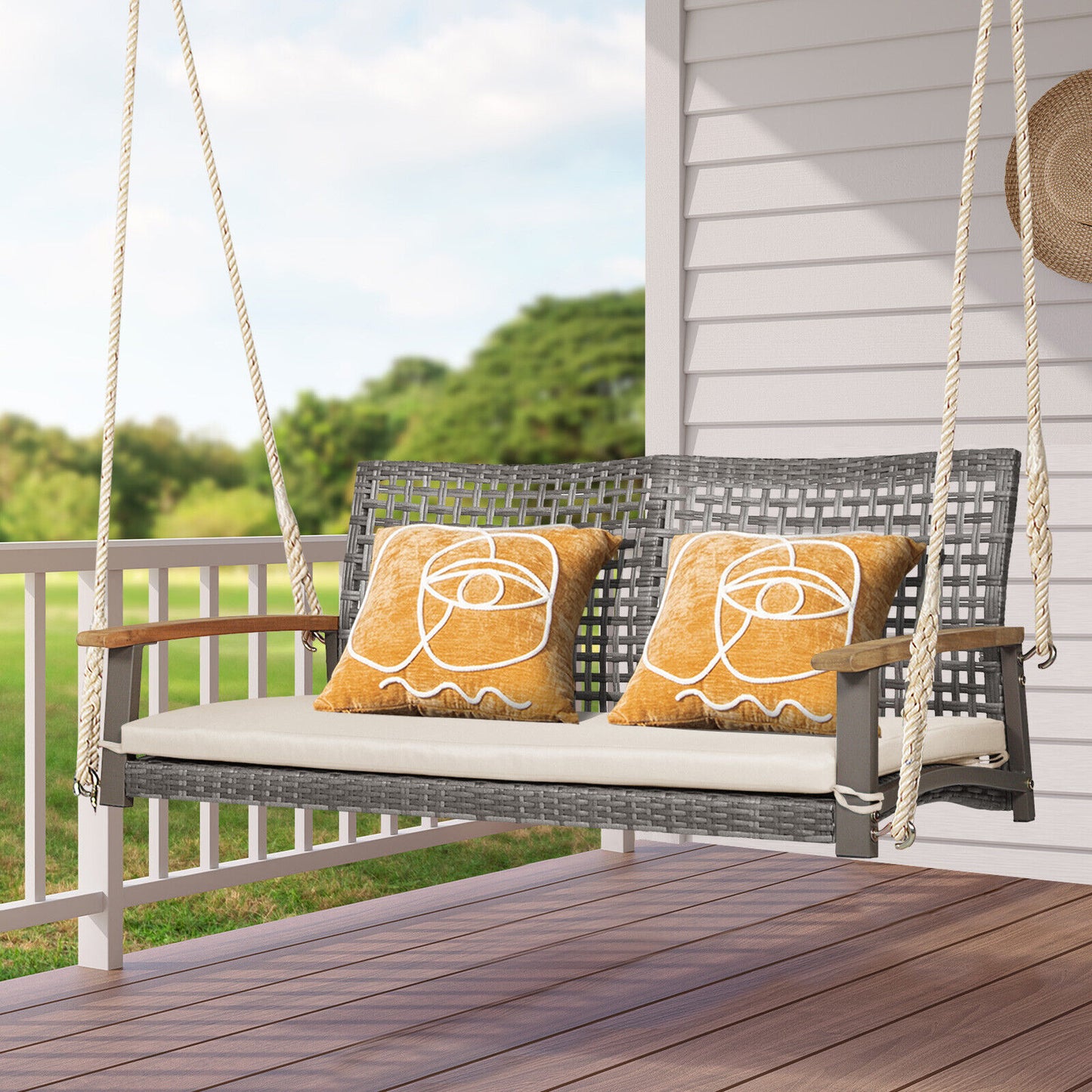 2-Person Wicker Porch Swing Chair with Cushion