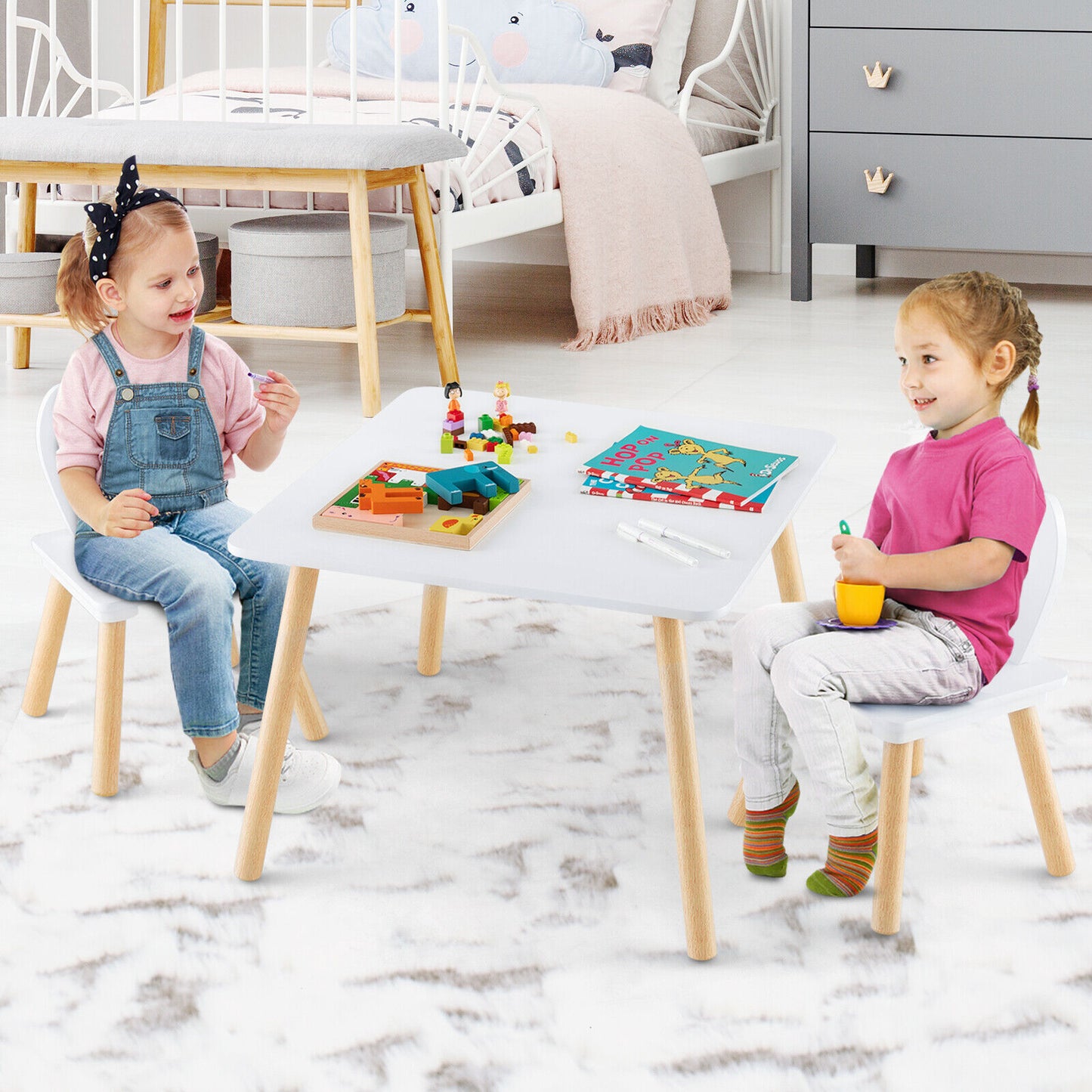 Kids Table and Chair Set with Bunny Ear Backrest - 3 Piece