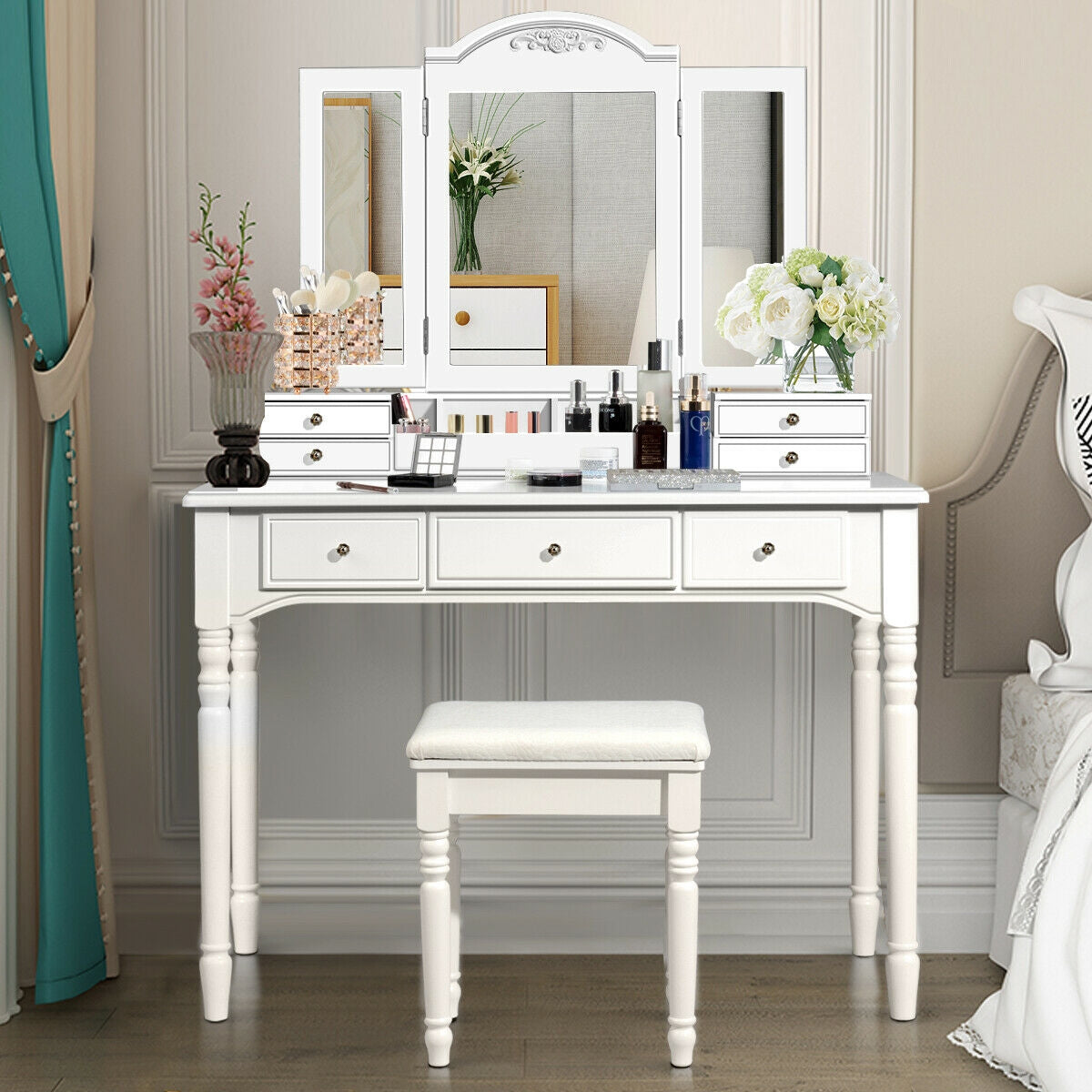 Tri-Fold Mirror Makeup Vanity Table with Cushioned Stool