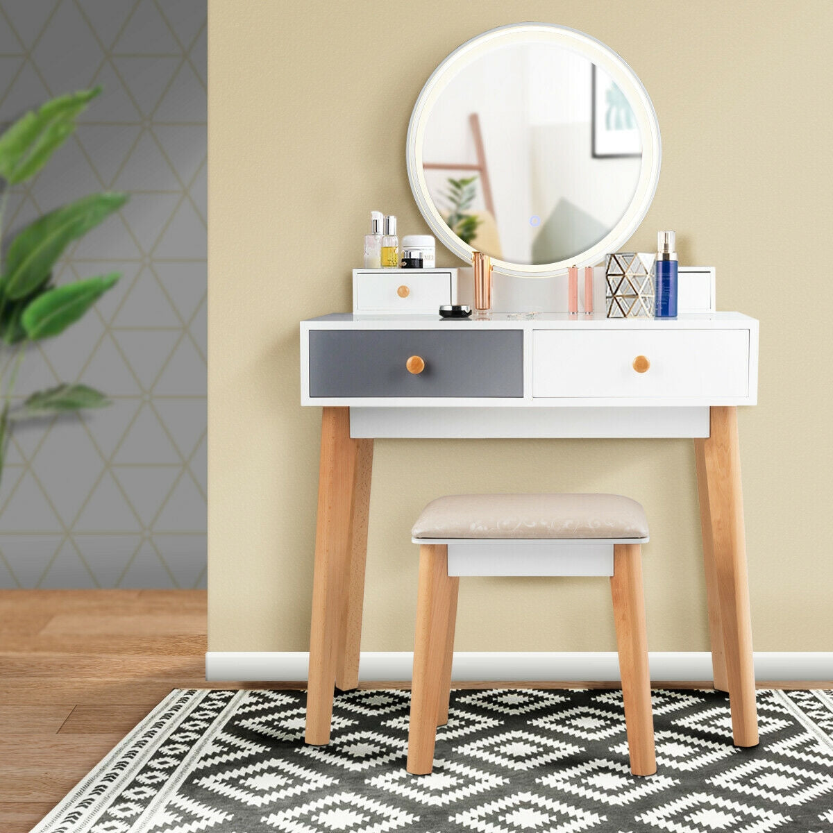 Makeup Vanity Table with Lighted Mirror and 4 Drawers