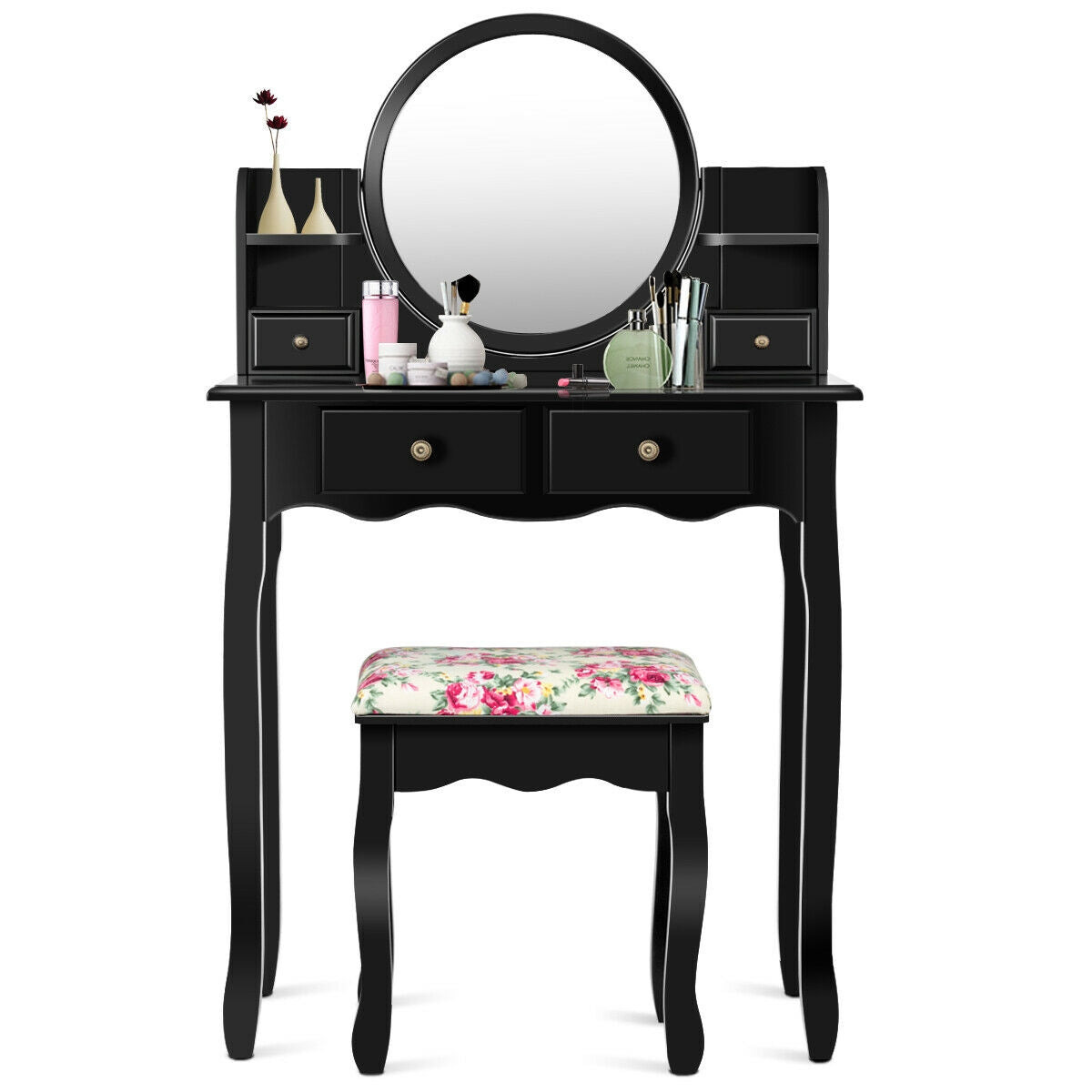 Makeup Vanity Table Set with Oval Mirror and Cushioned Stool
