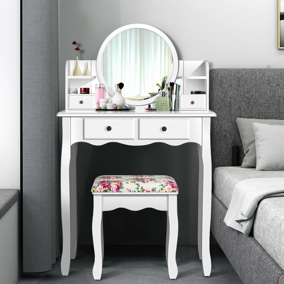 Makeup Vanity Table Set with Oval Mirror and Cushioned Stool