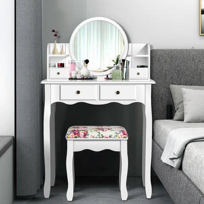 Makeup Vanity Table Set with Oval Mirror and Cushioned Stool