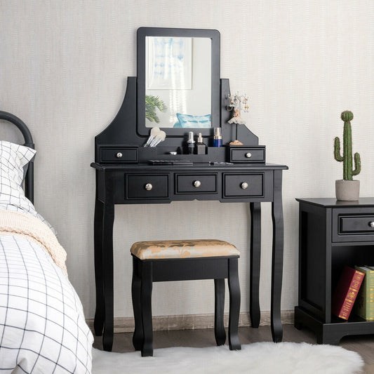 Makeup Vanity Set with 5 Drawers and Padded Stool
