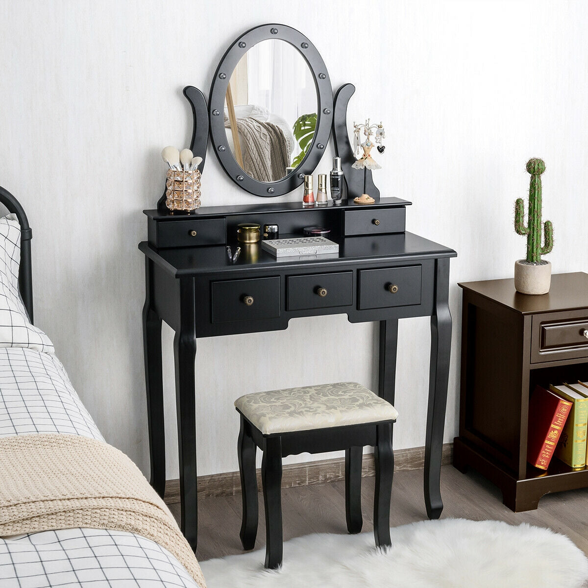 5-Drawer Vanity Table Set with LED Lighted Mirror & Stool