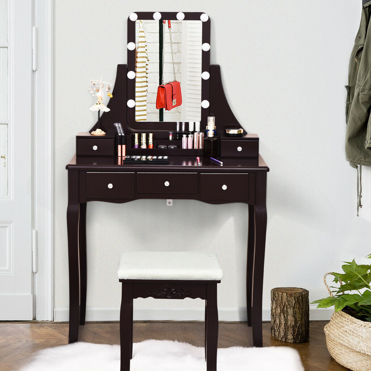 Vanity Table with 10 Dimmable Lights and Cushioned Stool